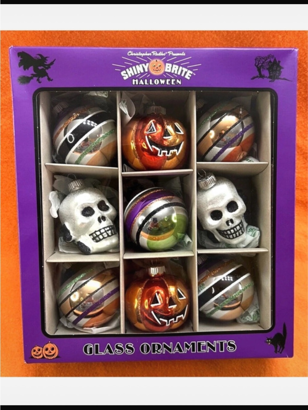 Christipher Radko Shiny Brite Halloween Glass
Ornaments Set of 9 Skull Pumpkin